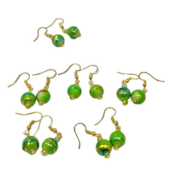 Murano Style Art Glass Bead Earrings Lime Green Blue Gold Plated Christmas Ball - Picture 5 of 7